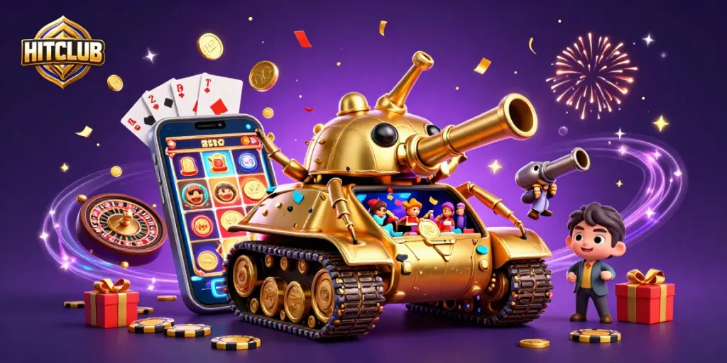 Experience the excitement of gaming at HITCLUB with a festive 3D casino illustration showcasing vibrant games and joyous celebration.