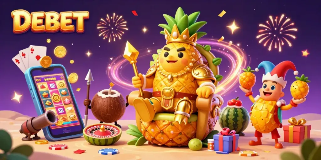 Experience DEBET's vibrant gaming world with a golden pineapple king and exciting casino elements.