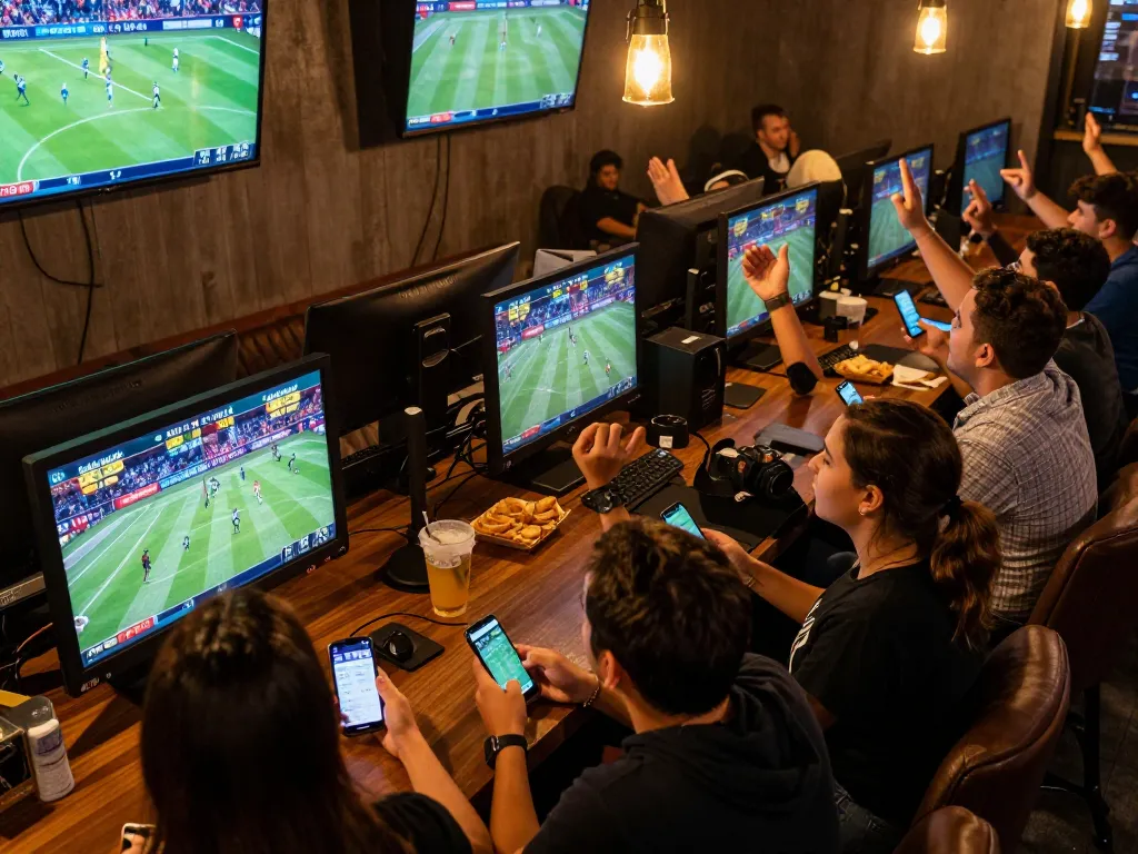 Kèo nhà cái trực tiếp as bettors cheer in a lively sports lounge, engaging with mobile apps for their wagers.