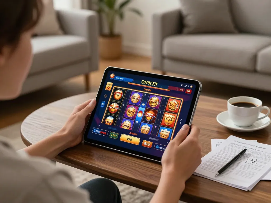 Player enjoying lc88 online casino games on a tablet in a cozy living room setup