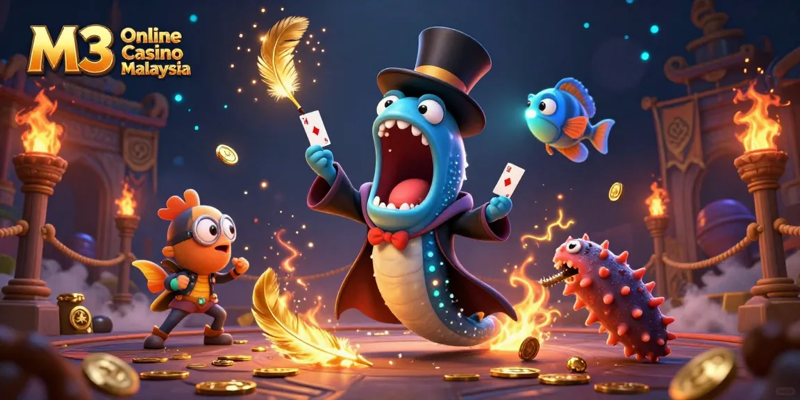 M3 Online Casino Malaysia showcases a vibrant 3D scene with deep-sea creatures performing magic tricks.
