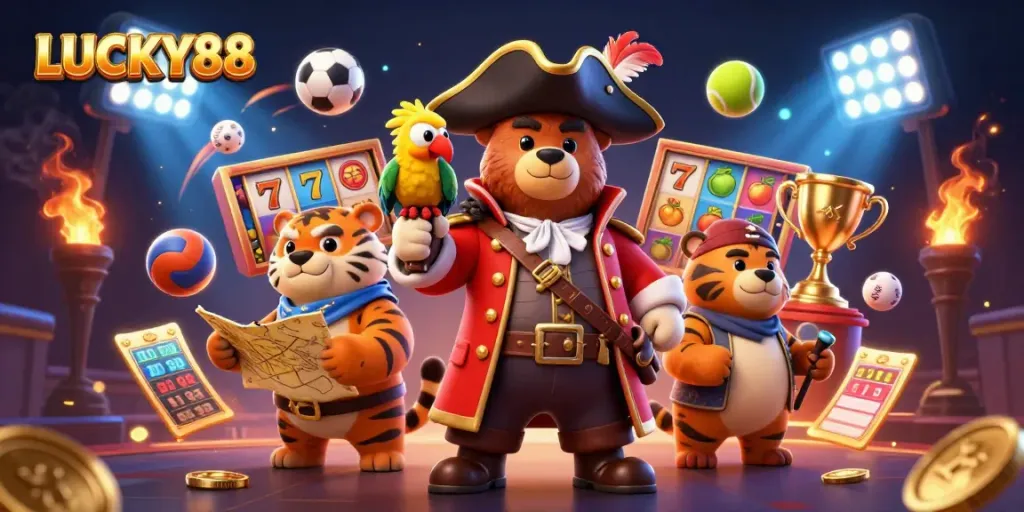 LUCKY88 pirates celebrate winnings with slot reels, sports balls, and vibrant treasures.