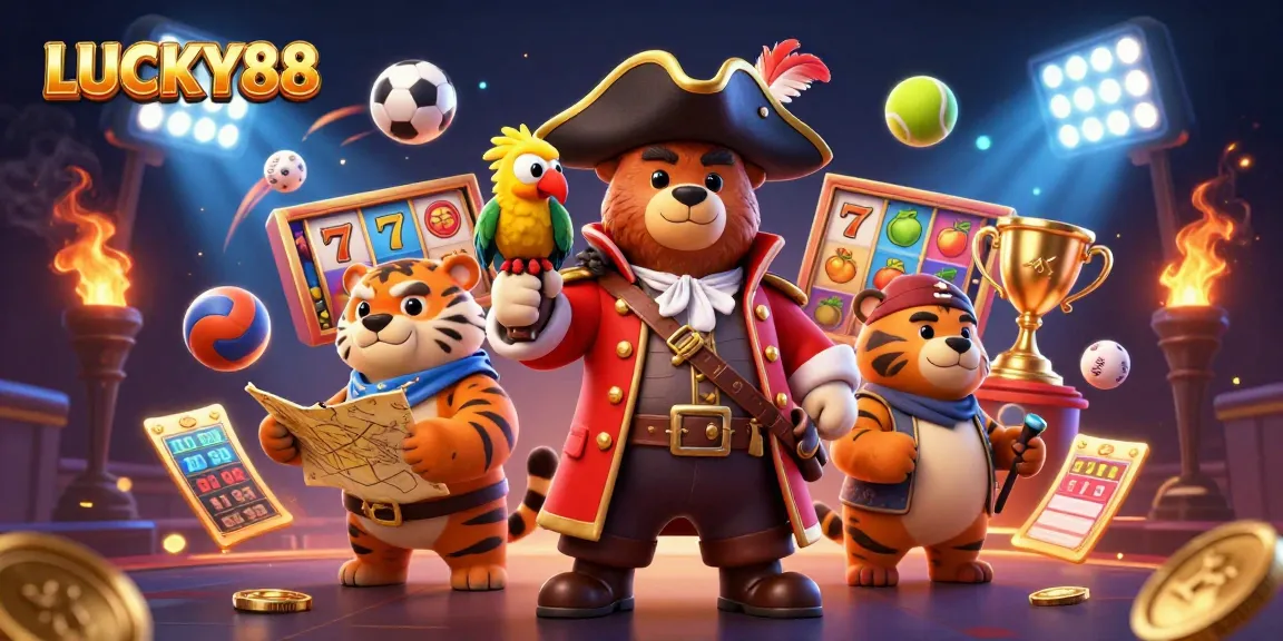 LUCKY88 pirates celebrate winnings with slot reels, sports balls, and vibrant treasures.