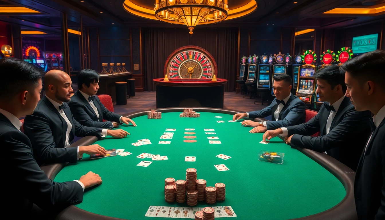 A vibrant casino scene at https://vu88.tech/ showcasing high-stakes poker with elegant players, chips, and cards.