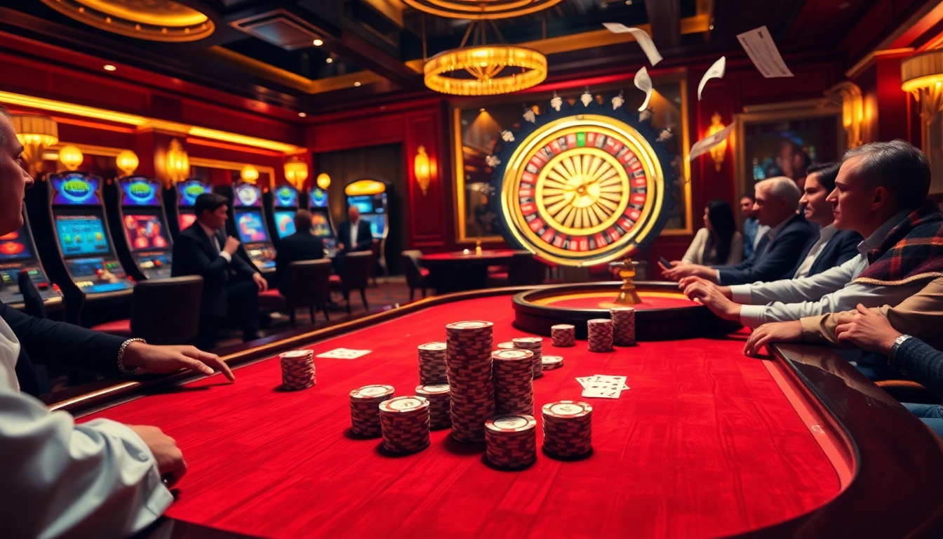 Players strategizing at a poker table in a luxurious casino, showcasing TR88 poker chips.