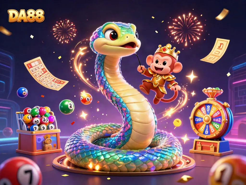 Engage with DA88's exciting gaming universe featuring dynamic lottery elements and colorful characters.