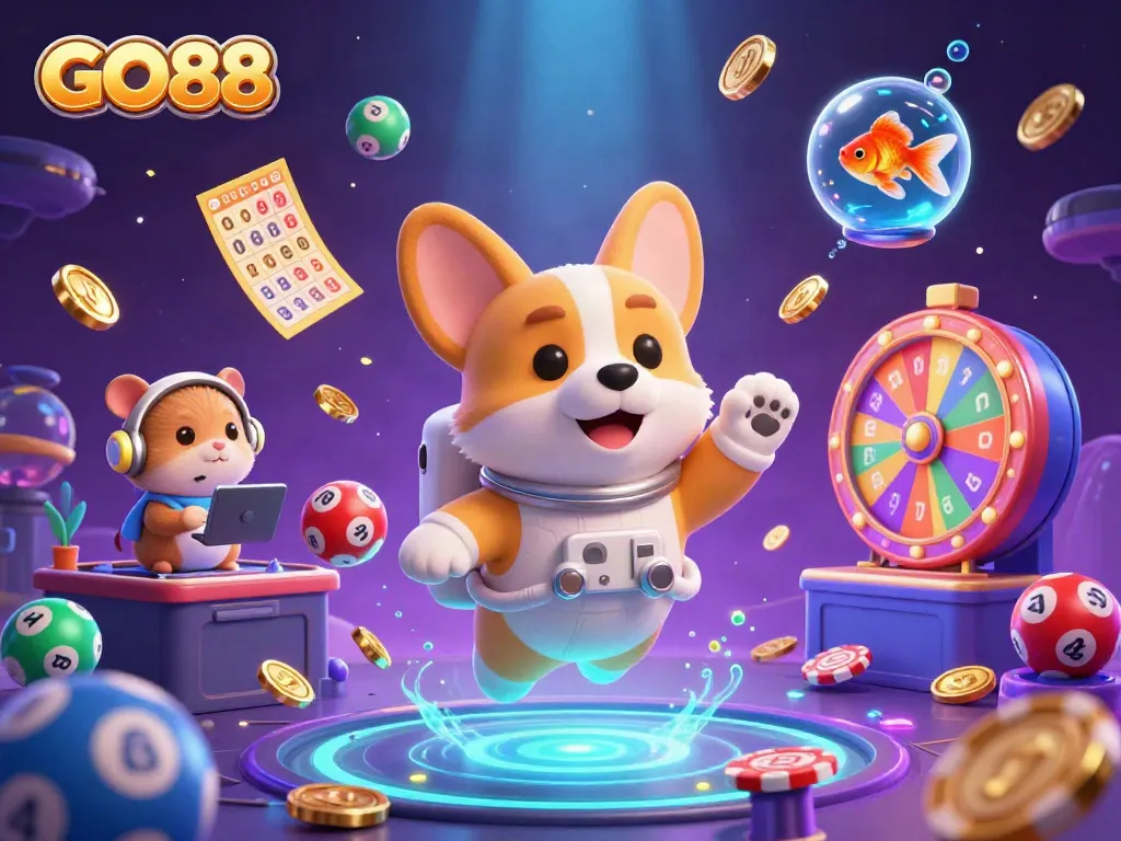 Experience GO88 in a dynamic space casino scene with floating games and characters.