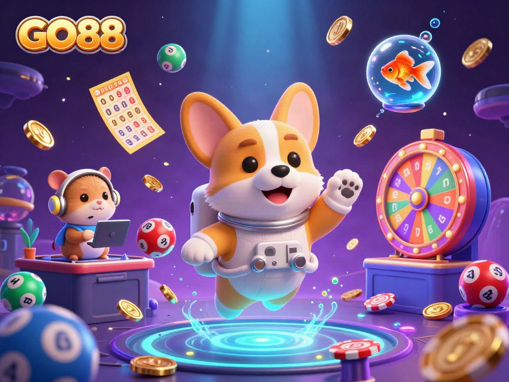 Experience GO88 in a dynamic space casino scene with floating games and characters.