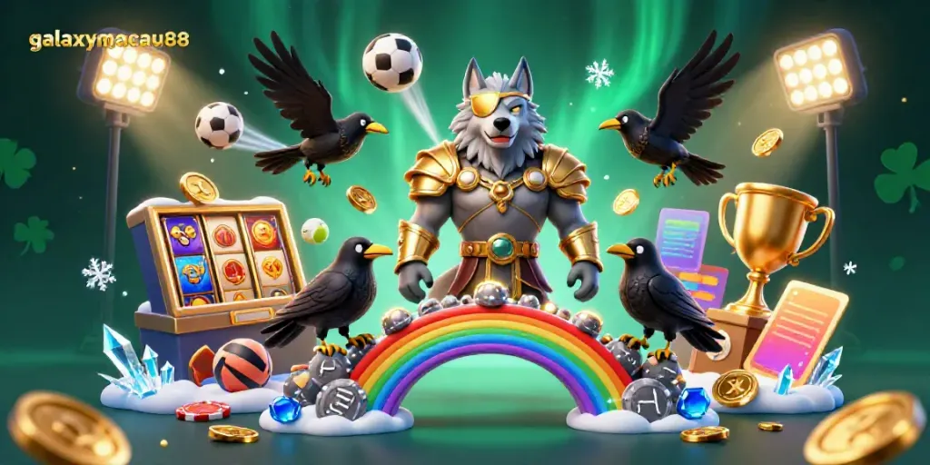 galactic-themed illustration depicting galaxymacau88's vibrant casino scene with Odin and dynamic gaming elements.