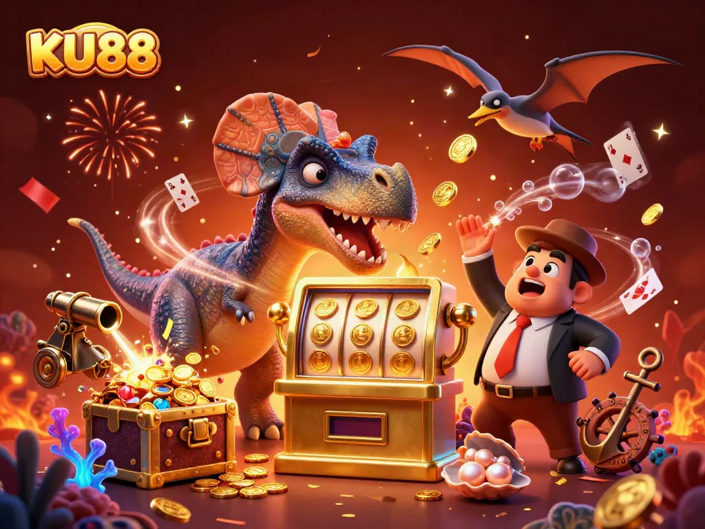 KU88 platform celebrates with dynamic lottery scene, featuring playful dinosaurs and jackpot excitement.