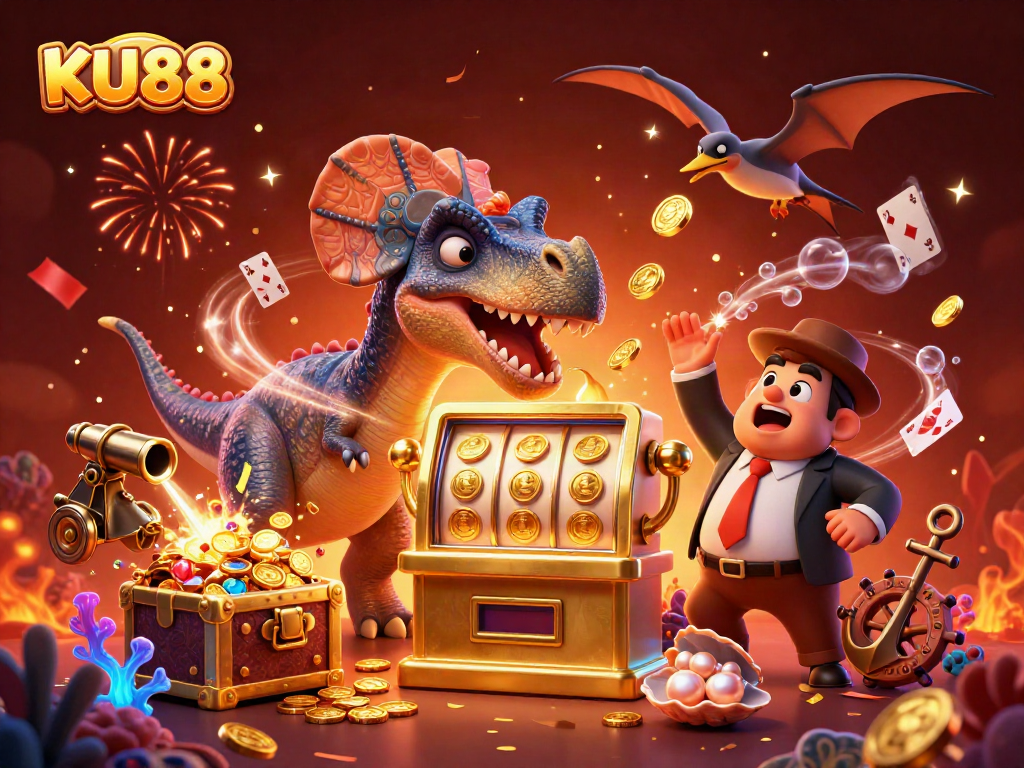 KU88 platform celebrates with dynamic lottery scene, featuring playful dinosaurs and jackpot excitement.