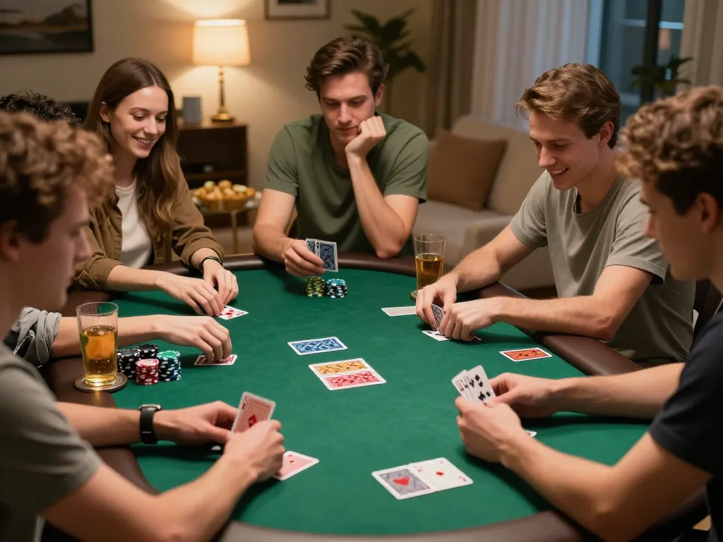 Excited players sharing strategy during a poker night at home as they gamble with MB66.