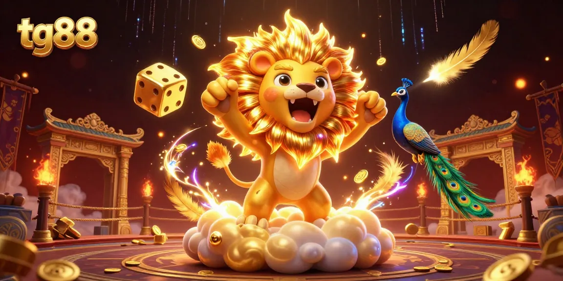 Engage with tg88's vibrant casino experience featuring golden dice, animated lion, and lavish gambling elements.
