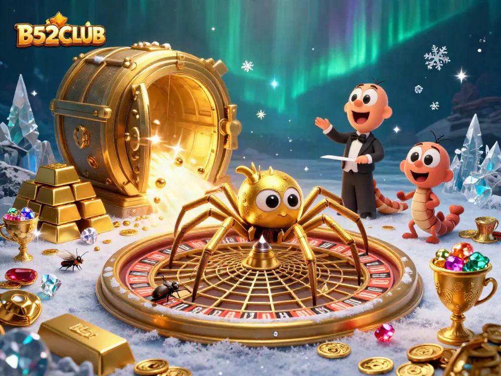 B52CLUB's lively casino scene depicts a golden spider spinning a roulette-inspired web while a fly bets nervously.