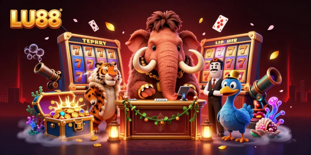 LU88 welcomes gamers with an extravagant bouncer scene featuring vibrant slot elements and dynamic characters.