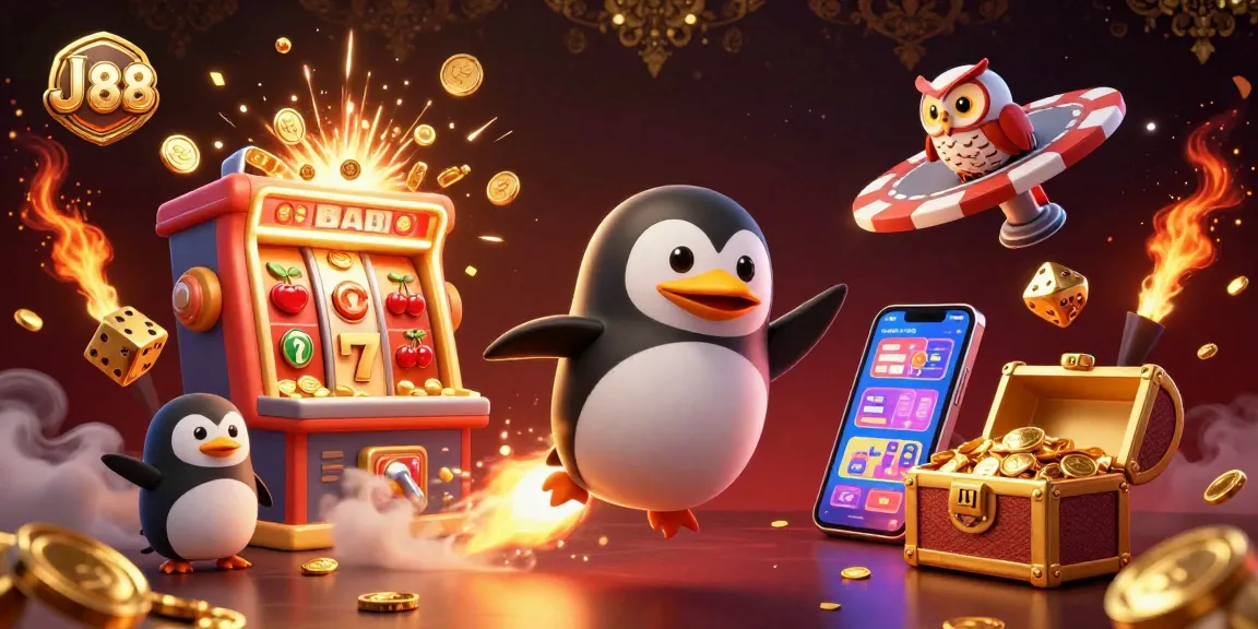 Experience J 88 as a golden penguin rides through space to a vibrant casino space station bursting with jackpots.