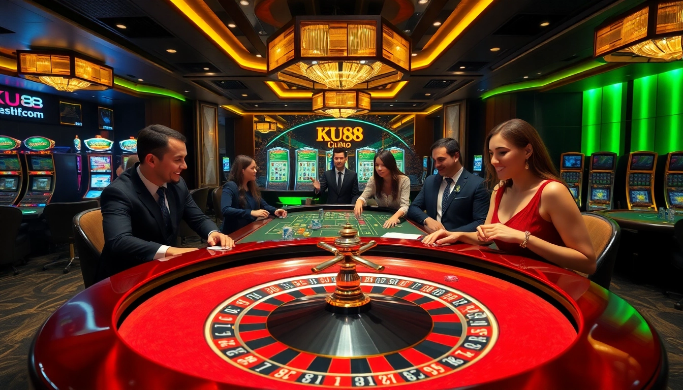 Players enjoying games at KU88's luxurious online casino environment, capturing the excitement and professionalism.