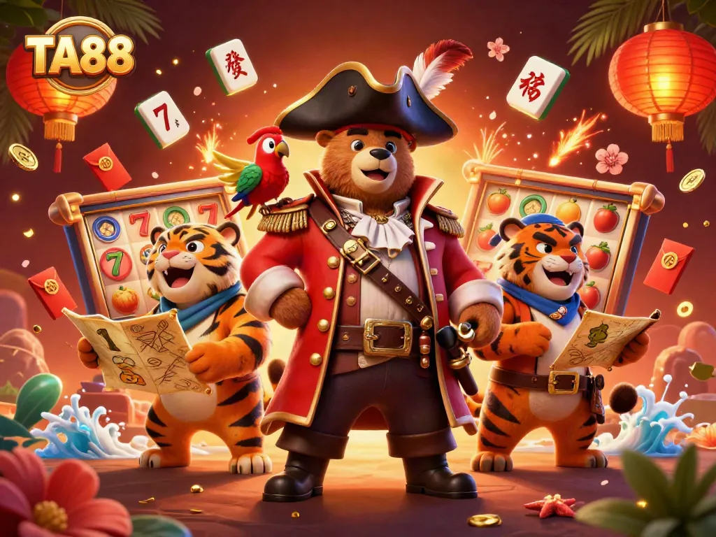 Experience the thrill of TA88 with a vibrant 3D illustration of characters surrounded by spinning slot reels and treasure.