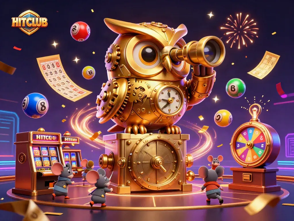 Engage with HITCLUB as the whimsical owl observes vibrant gaming elements in a lively casino setting.