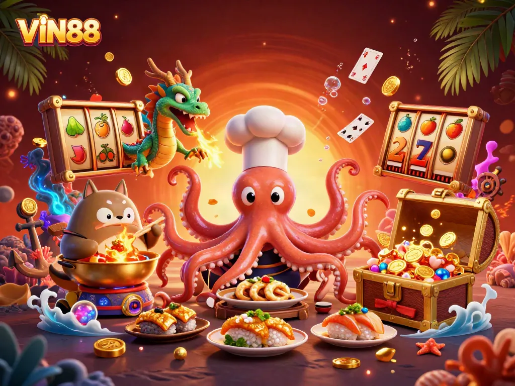 Experience the excitement of winning at VIN88 with a vibrant casino-themed underwater illustration featuring lively characters.