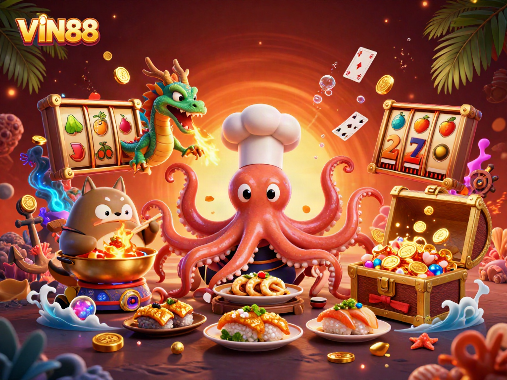 Experience the excitement of winning at VIN88 with a vibrant casino-themed underwater illustration featuring lively characters.