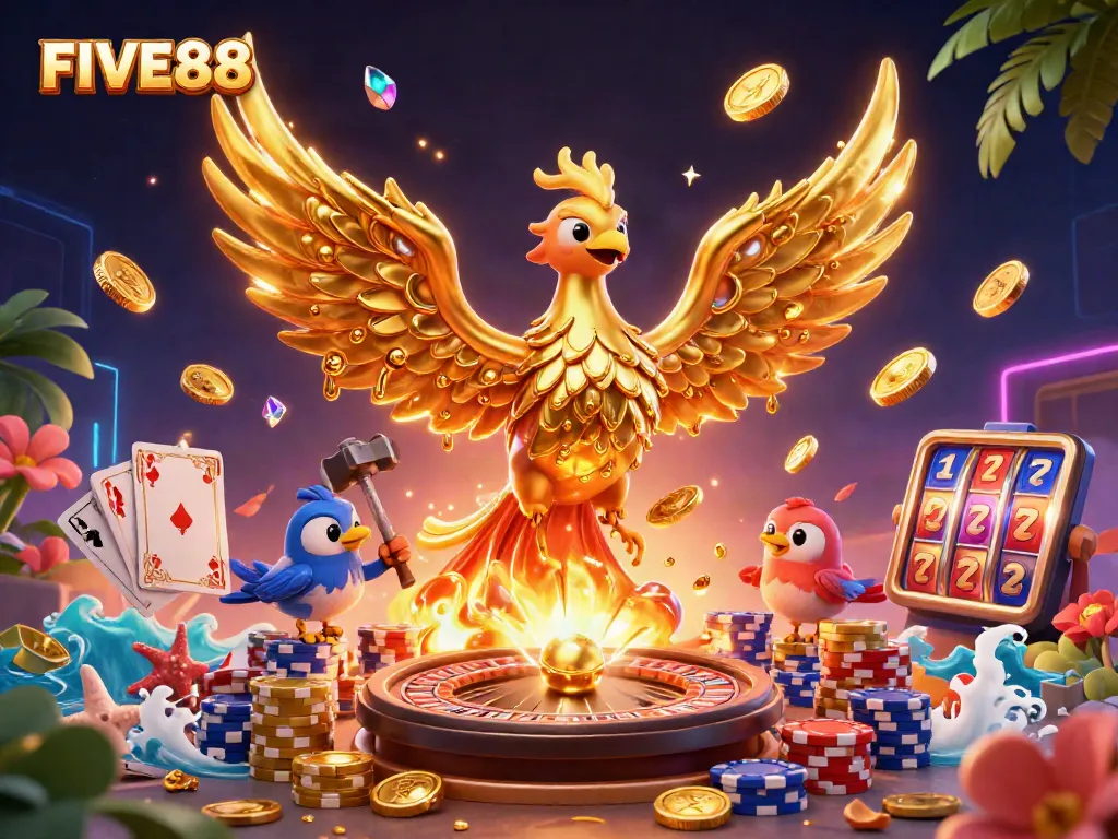Experience the excitement of gambling with FIVE88, featuring golden phoenixes, coins, and vibrant casino elements.