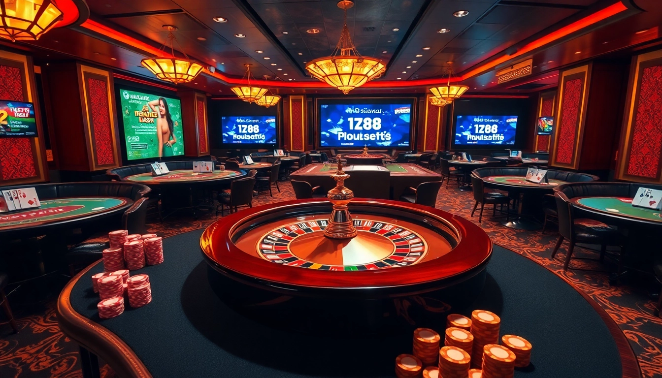 Experience the thrill of gambling with hz88 at a luxurious casino featuring poker tables.