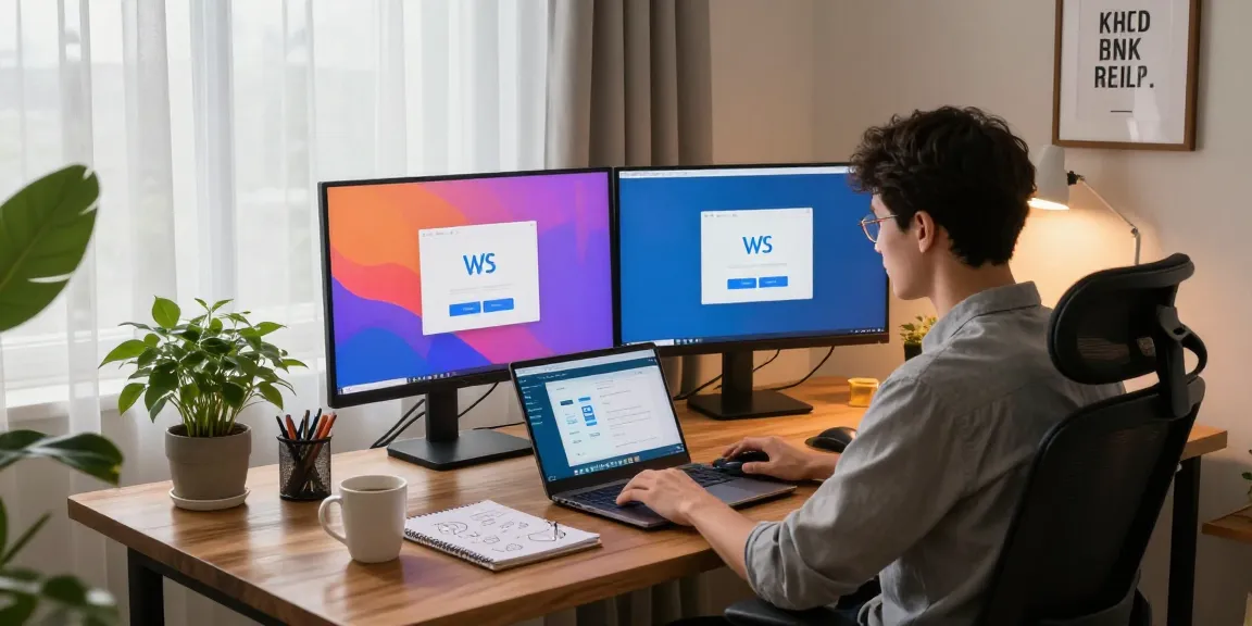 WPS Download on modern laptop with dual monitors in a cozy home office