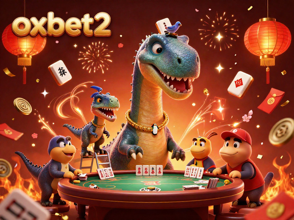 Experience thrilling gameplay at oxbet2 with a lively casino scene featuring a dinosaur dealer and festive elements.