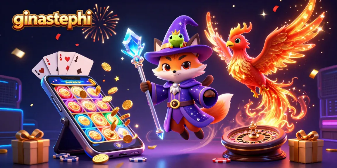 Play colorful slot games at ginastephi with dynamic characters in a vibrant casino scene.