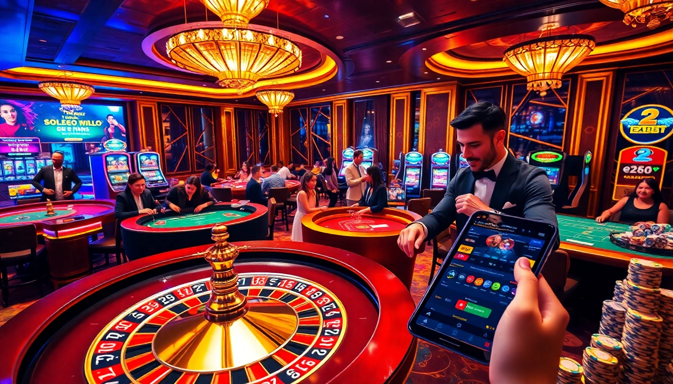 Experience thrilling games at e2bet's luxurious casino scene with vibrant roulette wheels and eager players.