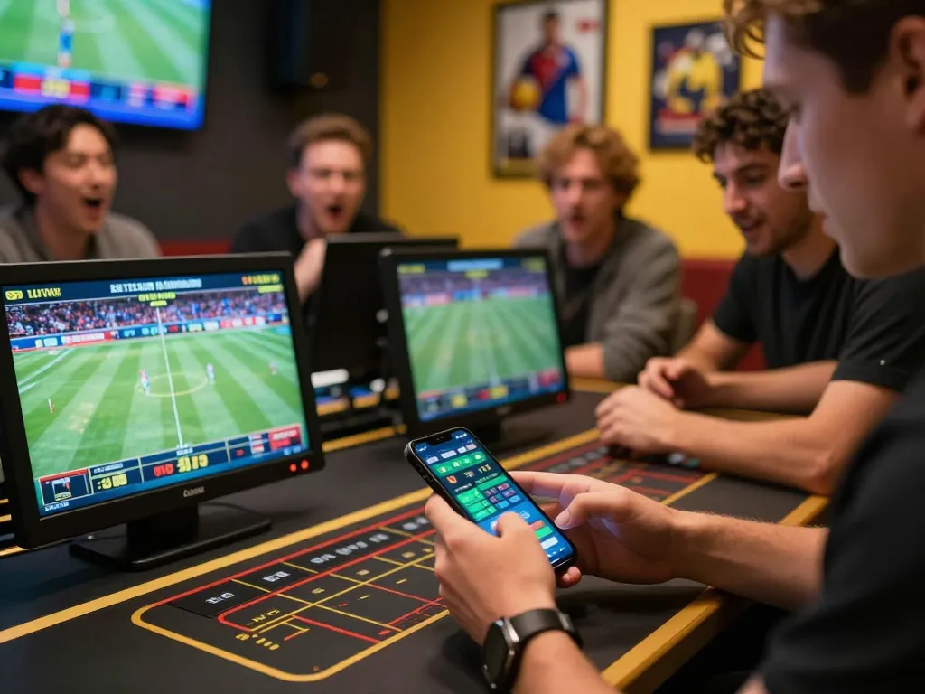 Person engaging in sports betting at Nhà cái Lucky88 with live odds and friends during an exciting game.