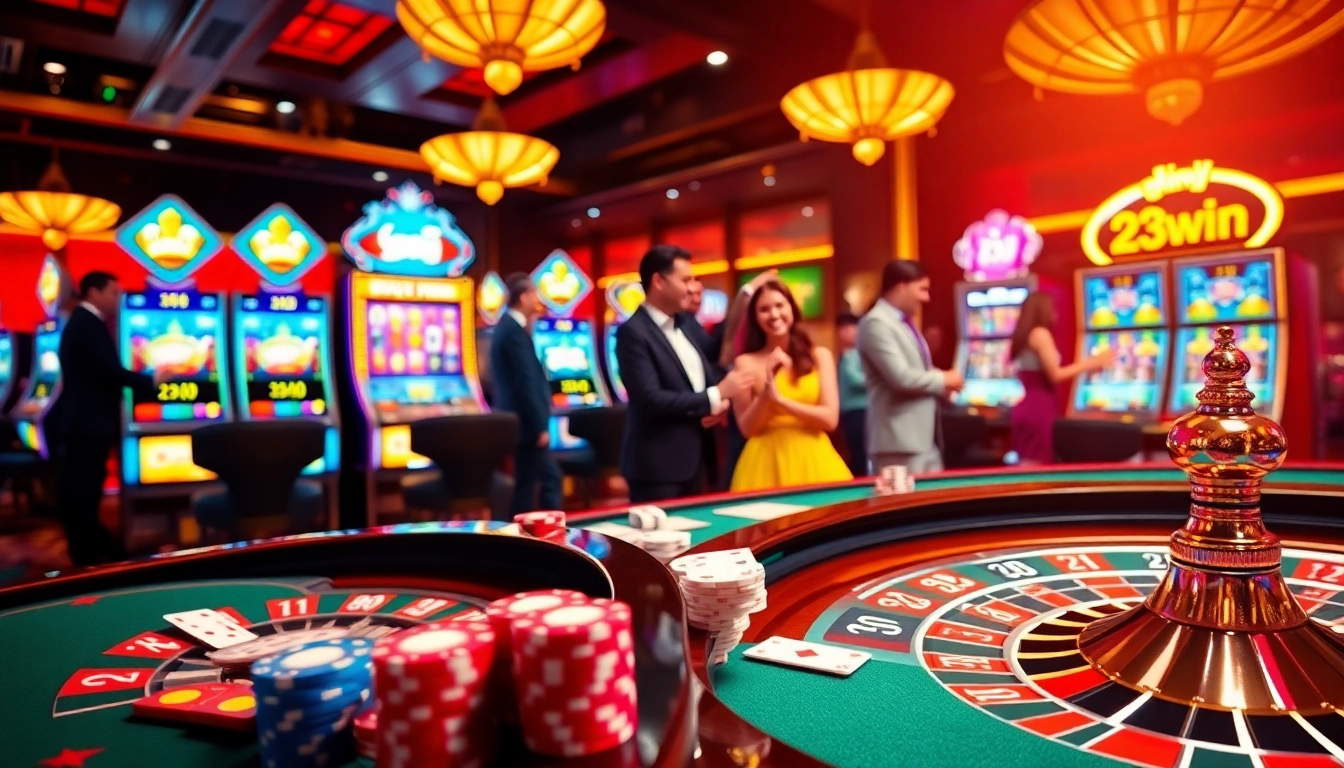 Players enjoying an exhilarating casino experience at 23win with poker chips and cards.