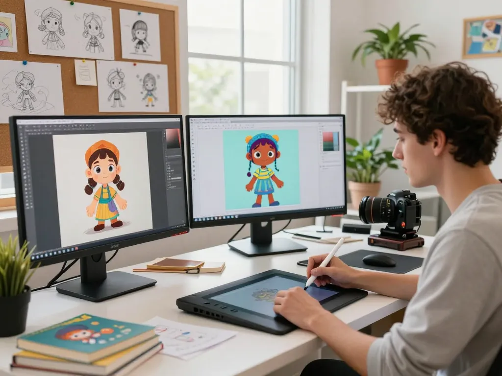 Creative artist designing unique characters using crushon ai technology in a vibrant digital studio