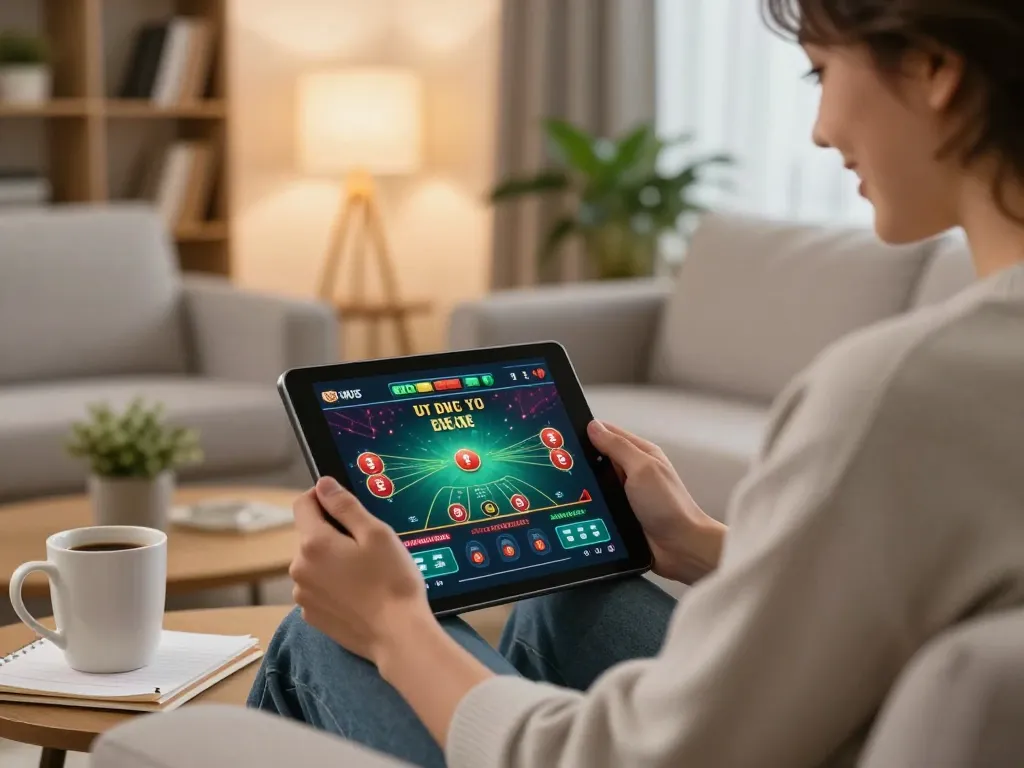 Engaging in rr88 gratis on a tablet in a cozy home gaming setup, showcasing online casino excitement.