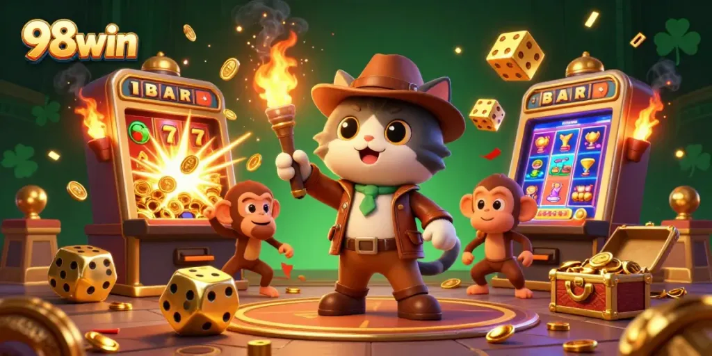 Experience thrilling gameplay with 98win, featuring a cat archaeologist discovering casino treasures in an enchanting temple.