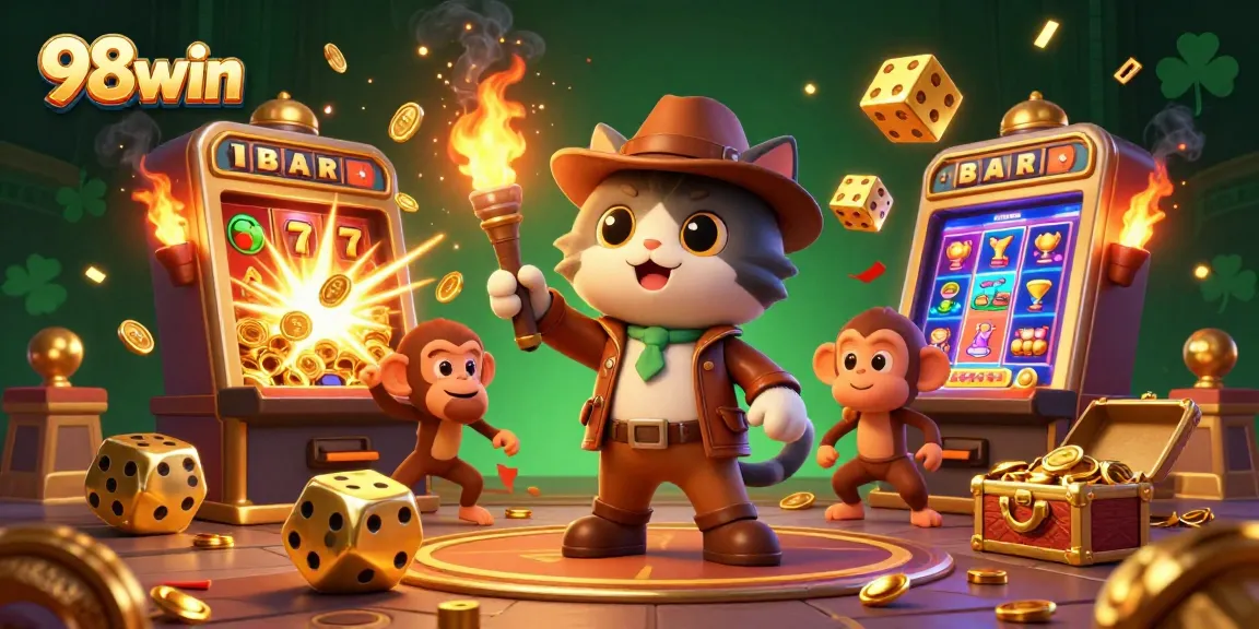 Experience thrilling gameplay with 98win, featuring a cat archaeologist discovering casino treasures in an enchanting temple.