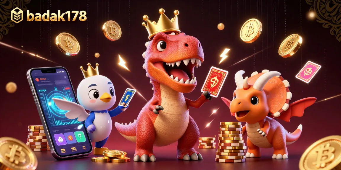 Engage with badak178 in a vibrant casino scene featuring dinosaurs, Bitcoin coins, and glowing poker cards.