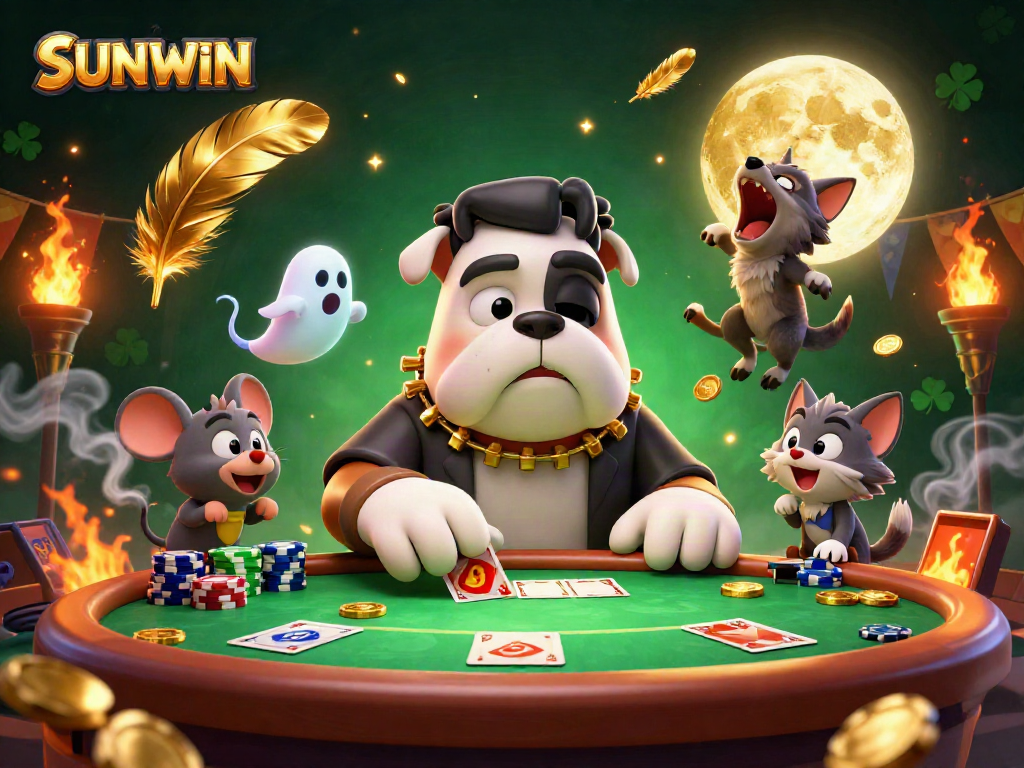 SUNWIN themed gambling illustration showcasing a Frankenstein bulldog and werewolf kitten at a poker table.