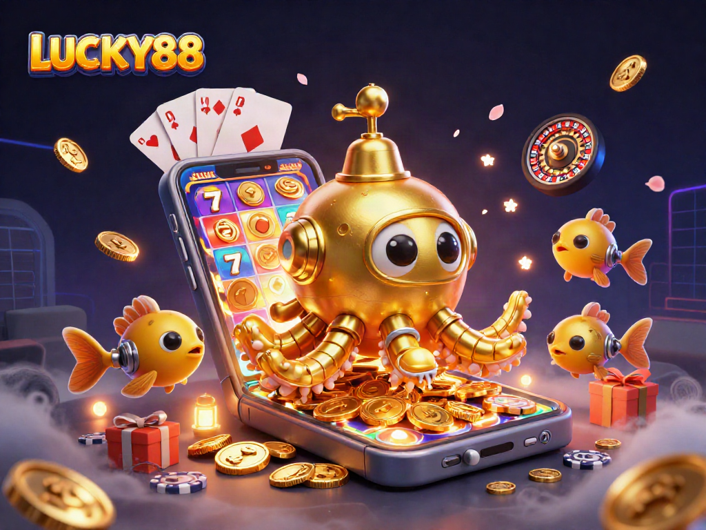Spin the exciting LUCKY88 slots while enjoying a vibrant 3D casino scene with golden riches.