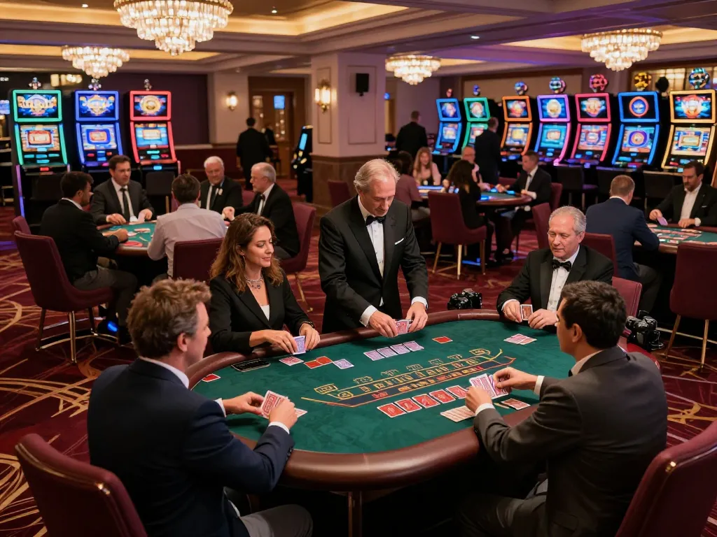 Players engaging in blackjack at kkwin.in's elegant casino floor with lively atmosphere.