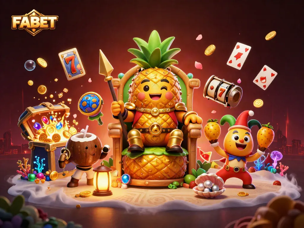 Experience FABET's thrilling gaming scene with a golden pineapple king and vibrant slot elements in an artistic depiction.
