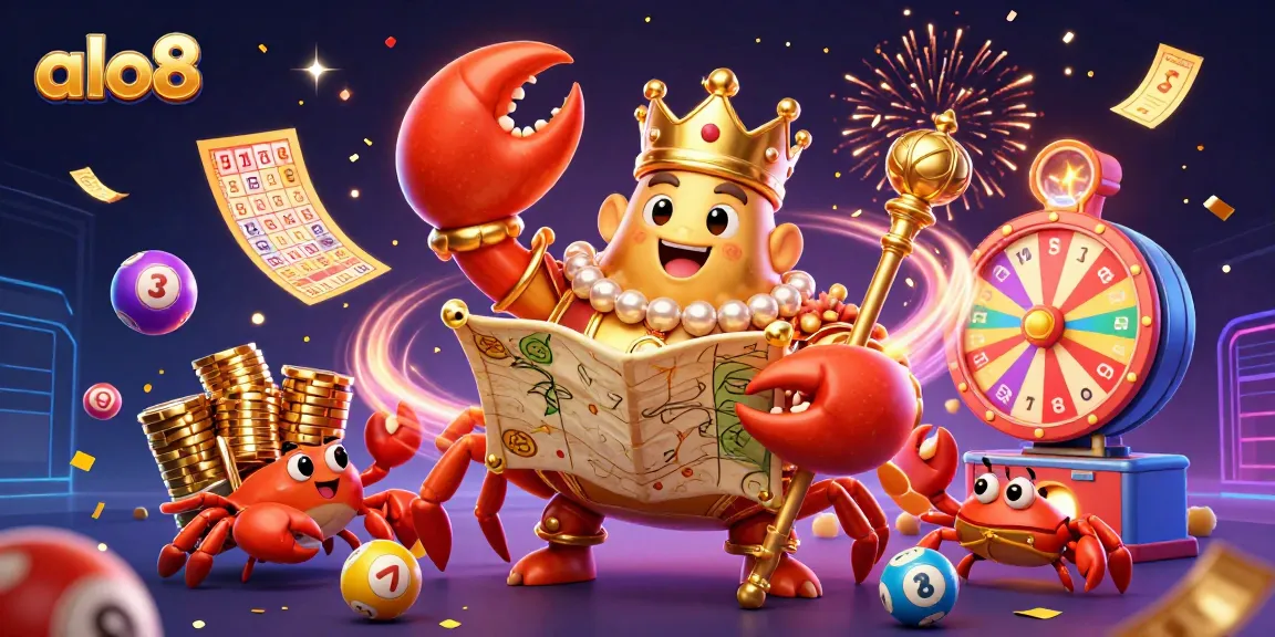 Elevate your gaming experience at ALO8 with vibrant lottery elements and a majestic crab emperor.