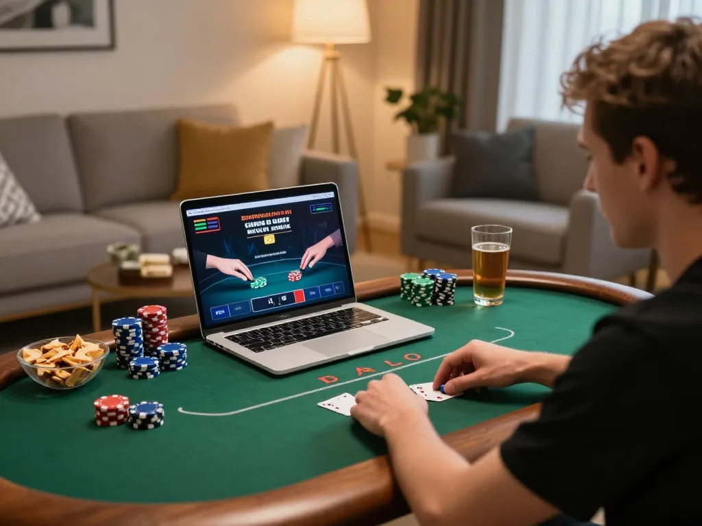 Player enjoying online poker experience with Jun88 gaming platform in a cozy home setting