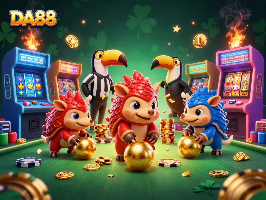 Experience thrilling wins at DA88 with rival pangolins rolling in poker chips and classic casino elements.