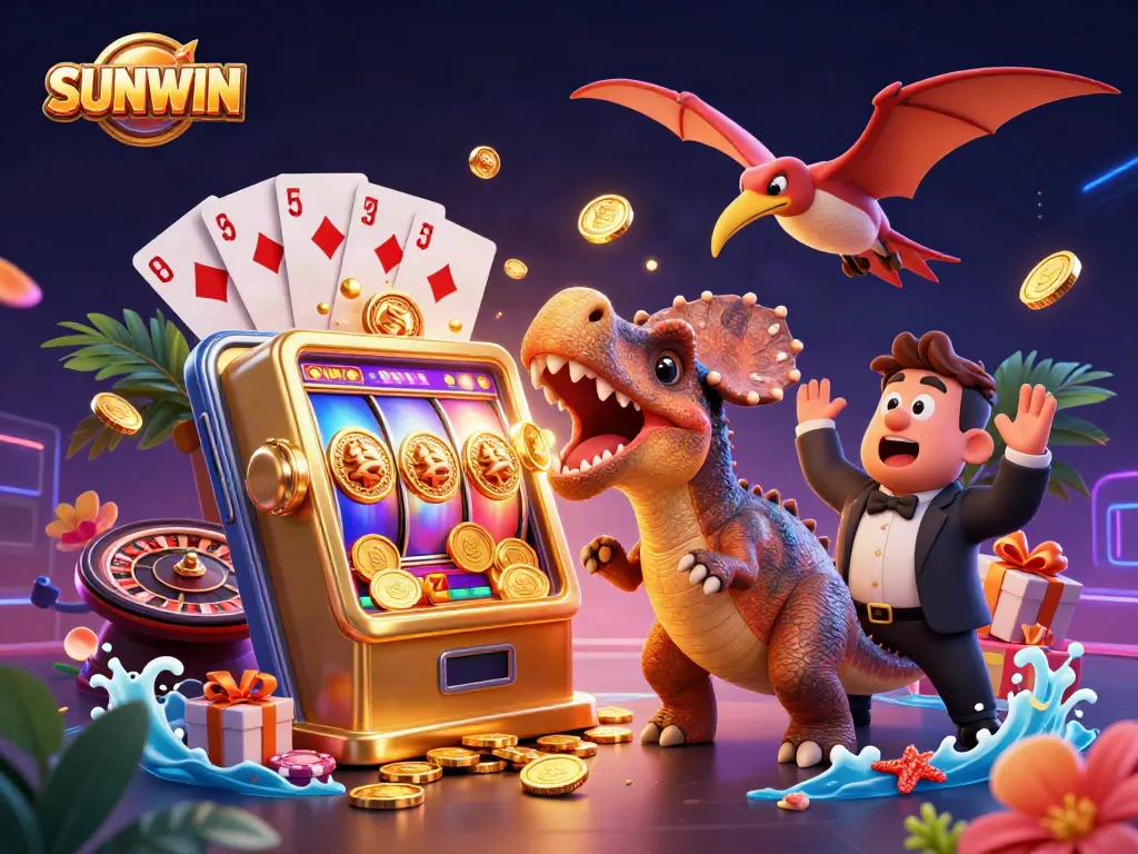 SUNWIN showcases a vibrant cartoon scene of a dino winning slots, enveloped in lively casino elements.