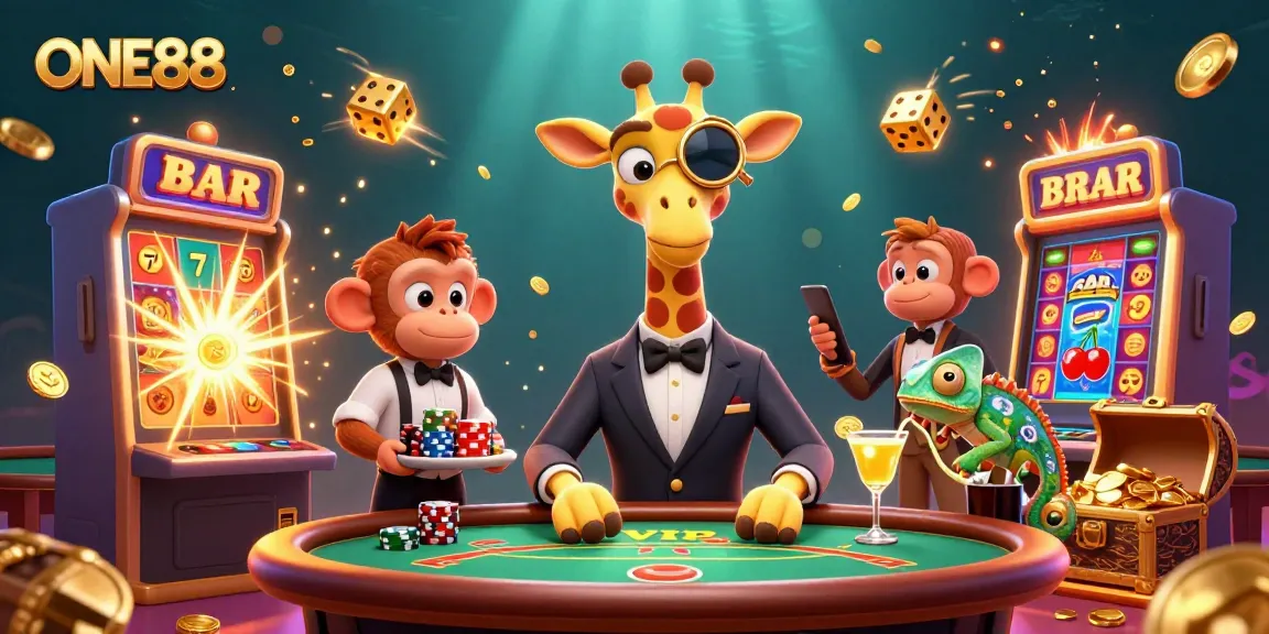 Experience high-stakes thrills at ONE88 with a 3D illustration showcasing casino excitement and rewards.