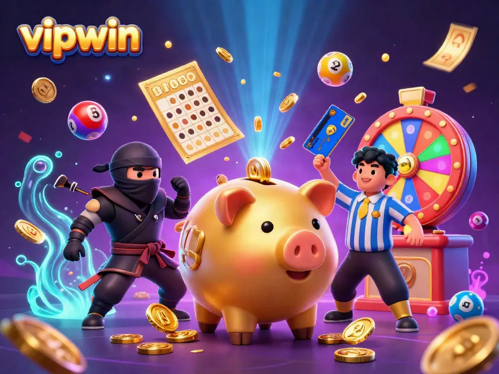 Engage with VIPWIN's thrilling 3D casino scene featuring vibrant characters and dynamic lottery elements.