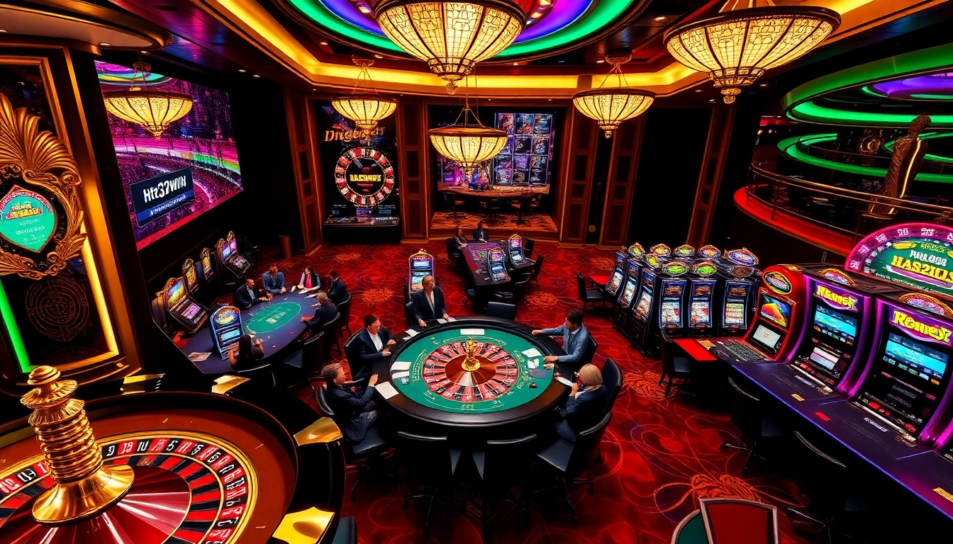 A vibrant casino scene showcasing roulette and slot machines, spotlighting the gaming experience at https://32win.free/ with excitement.