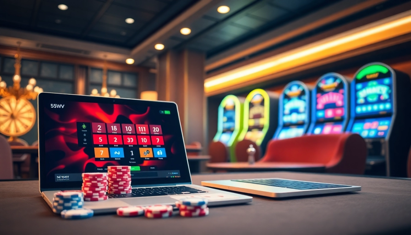 Experience the thrill of casino gaming with 55WW, featuring a vibrant table, cards, and chips.